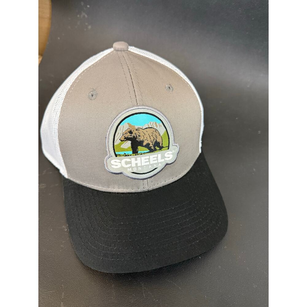 NWT Scheels Outfitter Montana Bear Patch Trucker Hat Gray Snapback Baseball Cap